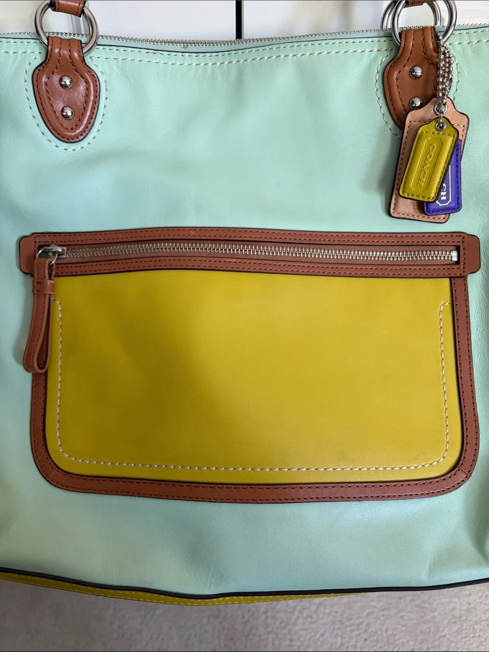 RARE Coach Hallie color block shoulder bag in aqua blue and lime green - Picture 2 of 16